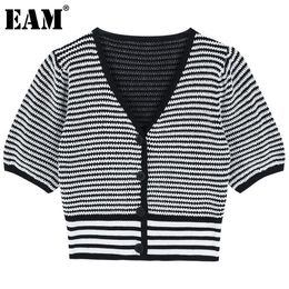 [EAM] Black Striped Spliced Knitting Cardigan Sweater Loose Fit V-Neck Short Sleeve Women Fashion Spring Summer 1DD8004 21512