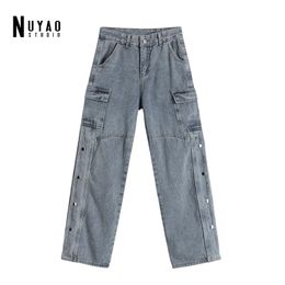 Women's Jeans 2021 Autumn Ins High Waist Work Trousers Slit Buttons Casual Loose Harajuku Fashion Wide-leg Denim Straight Pants