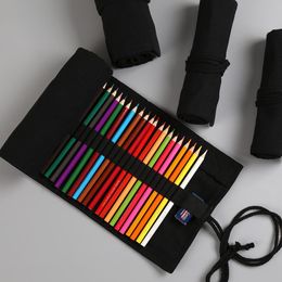 Pencil Bags 50pcs Black Colour School Case Roll 24/36/48/72 Holes Pencilcase Canvas Large Pen Bag For Girls Boys Stationery Pouch