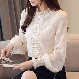 Spring Women shirt female Tops Lace see through top Sexy long-sleeved Stand Collar Korean Loose blusa 805J 210420