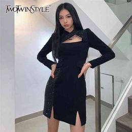 Black Patchwork Diamond Dress For Women Stand Collar Long Sleeve High Waist Slim Sexy Dresses Female Fashion 210520