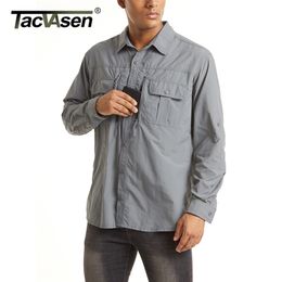 TACVASEN Summer Tactical Shirts Men's Mesh Breathable Long Sleeve Multi-Pockets Work Cargo Quick Dry Military Army 210721