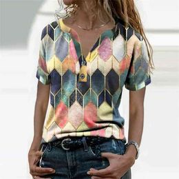 Fashion Summer T-Shirts Women Casual Loose Button Decor V-Neck Patchwork Short Sleeve Plaid Print Slim Pullover Tees Female 210522