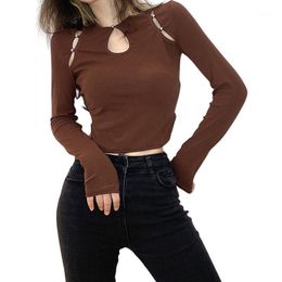 Women's T-Shirt Women Cut Out Crop Tops Round Neck Button Connected Long Sleeves Brown For Spring Autumn Elegant Shirts Slim Sexy Blouses