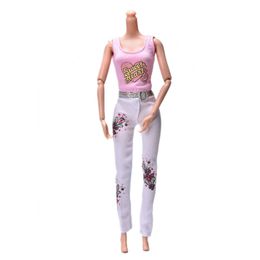 barbie dolls cartoon Australia - High Quality 1 Set= Pink Tank+ White fashion Pant Suits For Barbie Summer Cartoon Print Dolls Clothing For Girls Toy Gifts
