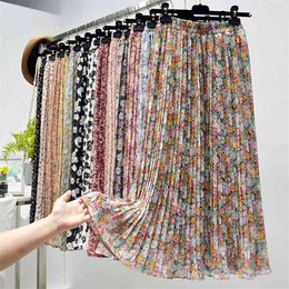 Summer Skirts Womens New Vintage Floral Print Chiffon Pleated Skirt Elastic High Waist Casual Midi Skirt Women Clothes Jupe 210412