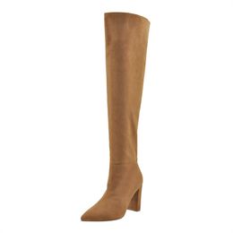 Womens Pointed Toe Over The Knee Boots Brown Faux Suede Chunky High Heels Long Boot Concise For Spring Autumn