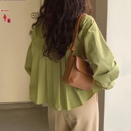 Spring Women Fashion Sweet Blouse Turn-down Collar Long sleeve Green Puff Sleeve Minimalist Pleated Loose Shirt 8P129 210510