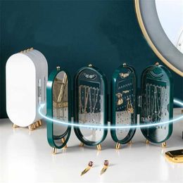 Portable Jewelry Storage Box Earrings Holder Organizer Foldable Necklace Hanging Double Sided Stand Display with Mirror 211102