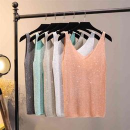 Summer knitted Tank Top for Women korean Cami Sleeveless Bling Lurex diamond vest Top White Black Women's loose Camisole tops 210625