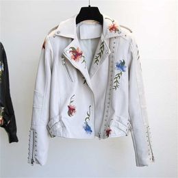 YIZZHOY Spring Autumn Floral Print Embroidery Faux Leather Jacket Women High Street Motorcycle Black Punk Outerwear Biker Jacket 211112