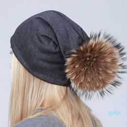 Women's Hat with Spring Cotton Beanies Hats with Fur Pompon Skullies Balaclava Caps For Girls JS294