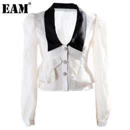 [EAM] Women White Slim Buckle Short Blouse Lapel Long Sleeve Loose Fit Shirt Fashion Spring 1DD6425 210512