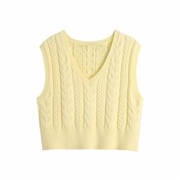 Elegant Women V-Neck Sweater Vests Fashion Ladies Twist Knitted Tops Streetwear Female Chic Solid Yellow Loose Tanks 210427