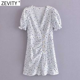 Zevity Women French Style V Neck Floral Print Hem Ruffles Slim Mini Dress Female Puff Sleeve Vestidos Chic Summer Dresses DS8336 210603