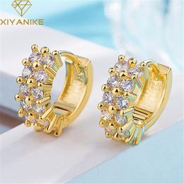 Sterling Silver Korean Double Row Zircon Hoop Earrings Women Fashion Golden Colour Elegant Gorgeous Oorbellen & Huggie