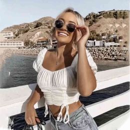 Vintage chiffon ruched women tops and blouses puff sleeve lace up white crop tops chic ruffle holdiday black blouse shirt 210415