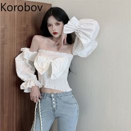 Korobov New Vintage Sexy Slash Neck Puff Sleeve Shirts Korean Chic Solid Elegant Blusas Mujer Office Lady Women Blouses 210430