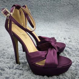 Women Stiletto High Heel Sandal Sexy Ankle Strap Open Toe Platform Purple Satin Fashion Wedding Bridal Party Lady Shoe 3463SL-b1 Sandals