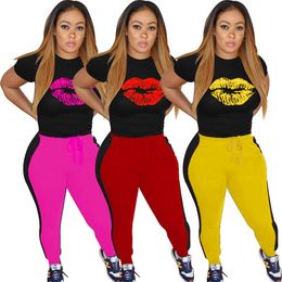 2020 Lips Women Sets Tracksuits Short Sleeve Top Jogger Pants Suit Two Piece Set Print Casual Fitness Outfit Matching Set Y0625