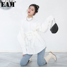 [EAM] Women Big Size Belt Shaped Black Blouse Lapel Long Lantern Sleeve Loose Fit Shirt Fashion Spring Autumn 1DD39400 21512