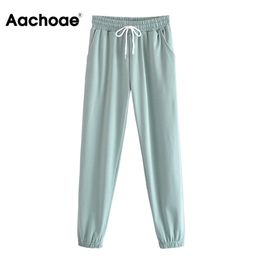 Aachoae Lady Solid Elastic Waist Pants Casual Joggers Loose Long Length Female Drawstring Home Wear Trousers Pantalon 210915