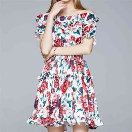 Summer Sexy Slash neck Retro Rose Printing Mini Dress Runway Design Ruffles Sundress Holiday beach 210519