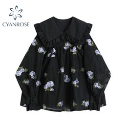 Black Vintage Floral Print Puff Sleeve Women Mini Dress Korean Peter Pan Collar Ladies High Waist Loose A-Line Female 210515