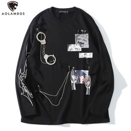 Aolamegs Comics Anime Manga Illustration Hook And Loop Fastener Chain Design Thin Sweatshirt Streetwear Men High Street Pullover 210715