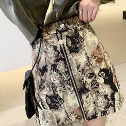 Embroidery Cat Cartoon Print Skirts Women Autumn Mini Pencil Skirts Vintage Korean High Waist Warp Skirt Streetwear Winter Club X0428