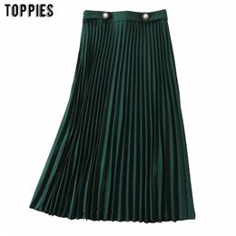 summer green pleated skirts pearls button ladies high waist elegant streetwear fashion 210421