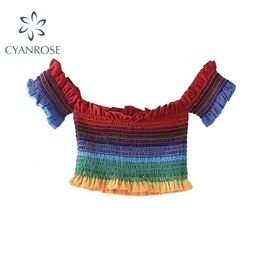 Fashion Vintage Chic Summer Crop Top Women Off Shoulder Rainbow Striped Short Sleeve Sexy Slim T-shirts E Girl Clothes 210515