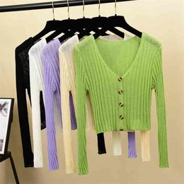 Women Thin Sweaters Spring Summer Long Sleeve Sexy V-neck Single-breasted Short Knitted Tops Female Hollow Cardigan 210525