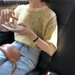 Knitted T Shirt Women Floral Korean Elegant All Match Ropa Mujer Summer Tops Fashion T-shirt Ladies 16910 210415