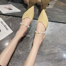 Slippers 2021 Summer Elegant Sexy Pointed Toe Mules Shoes Women Mid Heels Transparent Strap Bead Designer Slides