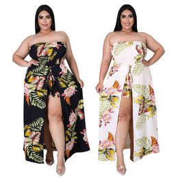 Plus Size Women's Clothing Custom Sexy Sleeveless Tube Top Fashion Fold Printing Personality Split Casual Jumpsuit 211116