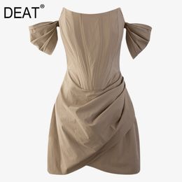 Women Khaki Patchwork Asymmetrical Shirring Dress Round Neck Slim Short Sleeve Fit Fashion Tide Summer 7E0837 210421