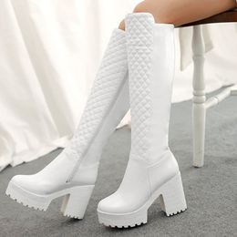 Brand New Large Size 43 Classic Block High Heels Winter Black White Knee High Boots Skidproof Platform Zip Up Shoes Women