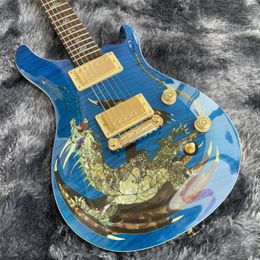 Rare Reed Dragon 2000 #30 Trans Blue Flame Maple Top Electric Guitar Abalone Birds Inlay, Wrap Arround Tailpiece, Gold Hardware