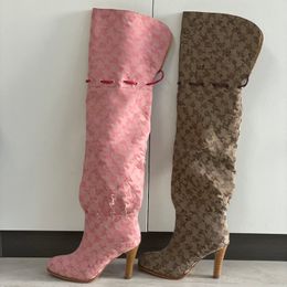 Kvinnor över knästövlarna Designer Boot Fashion Combat Boot Canvas Zipper Justerbara remmar Casual Shoes Stiletto Heel Ankel Boot Big Size With Box 317