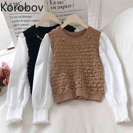 Korobov New Arrival Blouses Women Contrast Color O Neck Long Sleeve Korean Chic Short Shirts Chain Design Fake Two Piece 210430