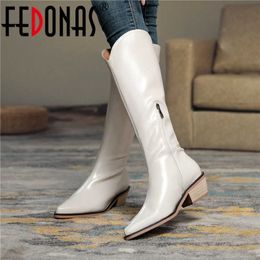 INS Pointed Knee High Boots Winter est Side Zipper Shoes Woman Genuine Leather Wedding Party Tight Boot 210528