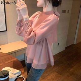 Blusas Mujer Spring Fashion Blouses Chic Sweet Lace Up Bow Chiffon Shirt Stand Neck Loose Blouse White Tops Women 210519