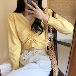 Korean Chic Sweet Pullovers Jumpers Slim Crop Tops V Neck Long Sleeve Drawstring Knitted Tops All-match Tees Fashion T Shirts 210610