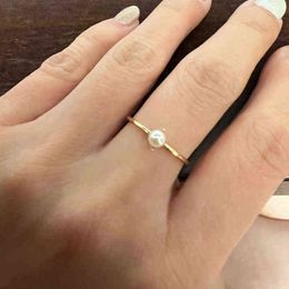 Fine Ring For Women Delicate Mini Pearl Thin Ring Minimalist basic Style Light Yellow Gold Colour Fashion Jewellery Accessories G1125