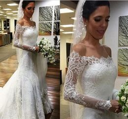 Vintage for Bride strapless Elegant Mermaid Lace Beach Wedding gowns Dresses with Sleeves Off the Shoulder long sleeve bridal gown