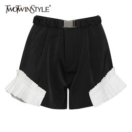 Hit Colour Patchwork Ruffle Short For Women High Waist Casual Loose Sashes Shorts Female Summer Fashion Clothes 210521
