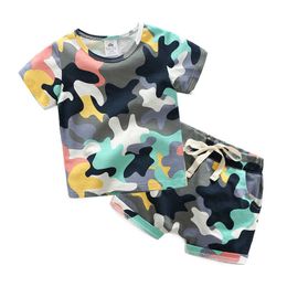 Summer 2-10 Years Old Birthday Handsome Clothing Short Sleeve Baby Kids Boy Army Green Camouflage T-Shirt Shorts Sets 210529