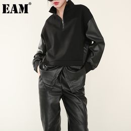[EAM] Women Zipper Big Size Black Pu Leather Spliced T-shirt Stand Collar Long Sleeve Fashion Spring Autumn 1DD023301 21512