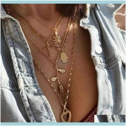 Chokers Necklaces & Pendants Bohemia Gold Rose Pendant Necklace For Women Mti-Layer Heart Cross Leaf Hand Chain Choker Jewelry Collares Drop